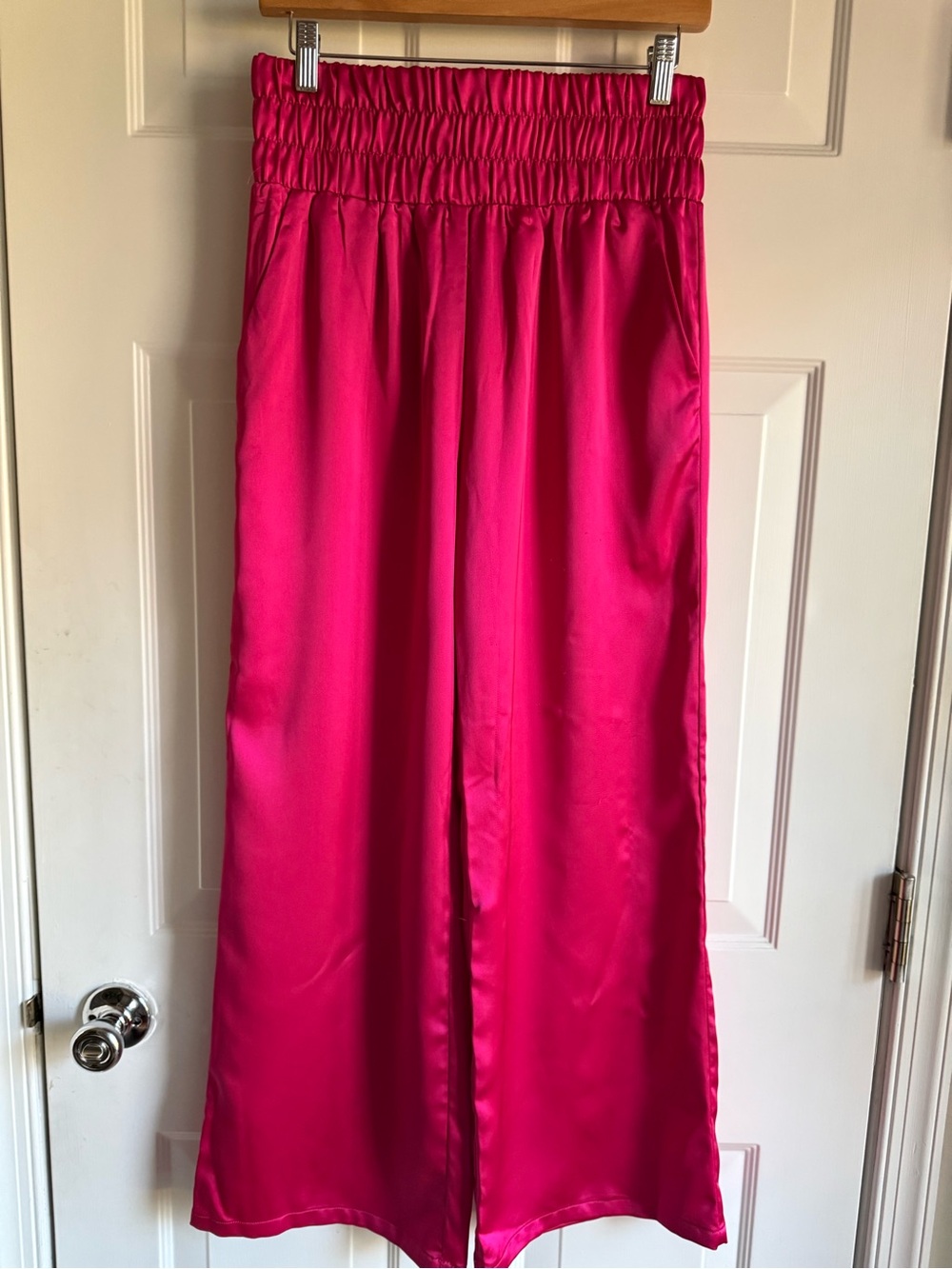 Sincerely Jules Satin Two-Piece Set Hot Pink Crop Top Tie Top & Wide Leg Pants - Picture 5 of 10